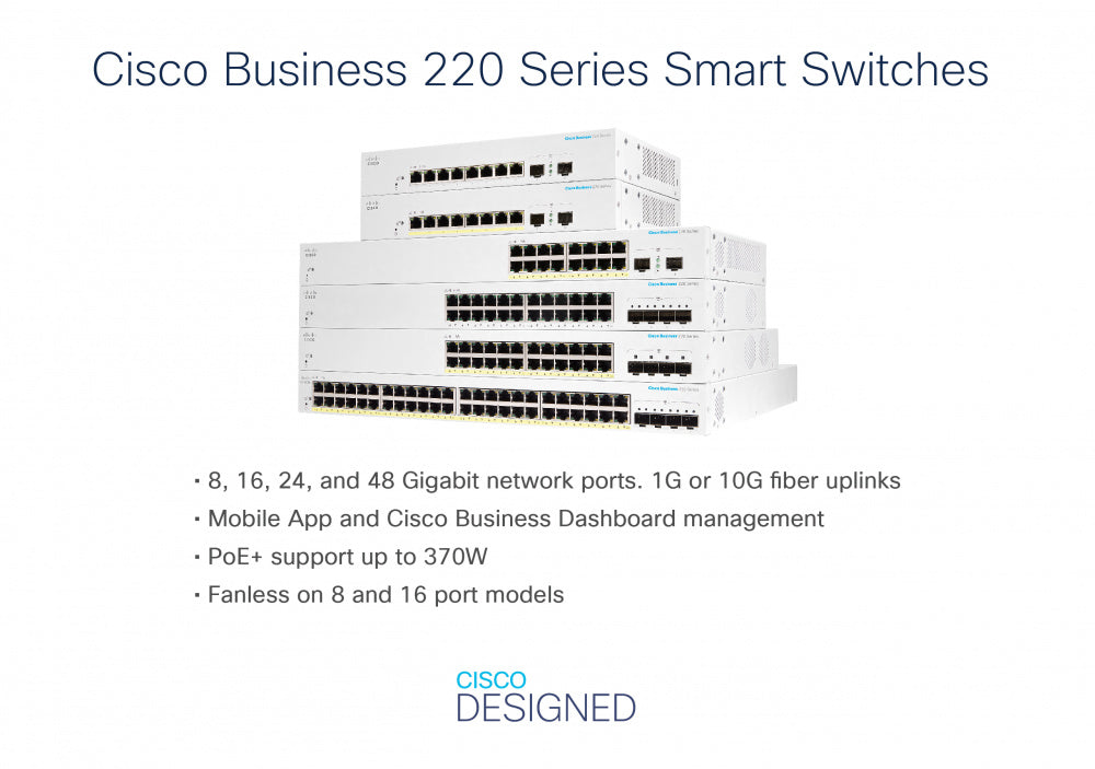 Switch Cisco Gigabit Ethernet Business CBS220, 16 Puertos PoE 10/100/1000 + 2 Puertos SFP, 130W, 36 Gbit/s, 8.192 Entradas - Administrable