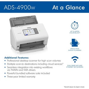 Escáner de superficie plana Brother ADS-4900W - Inalámbrico - 600 x 600 ppp Óptico - 48 bits Color