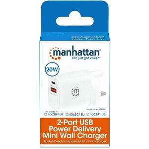 Manhattan Cargador de Pared, 20W, 1x USB 3.0, 1x USB C, Blanco