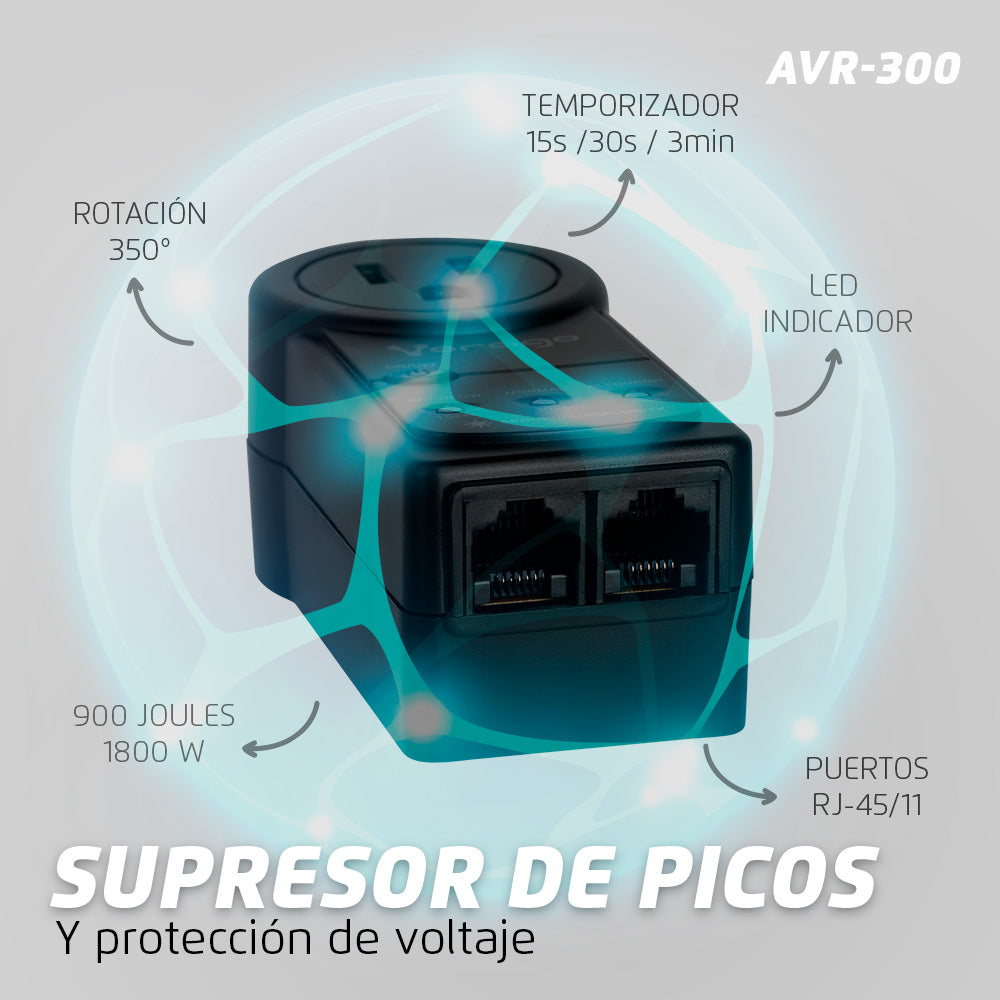 PROTECTOR DE VOLTAJE VORAGO AVR -300 RJ45/RJ11 PORTATIL 900 JOULES
