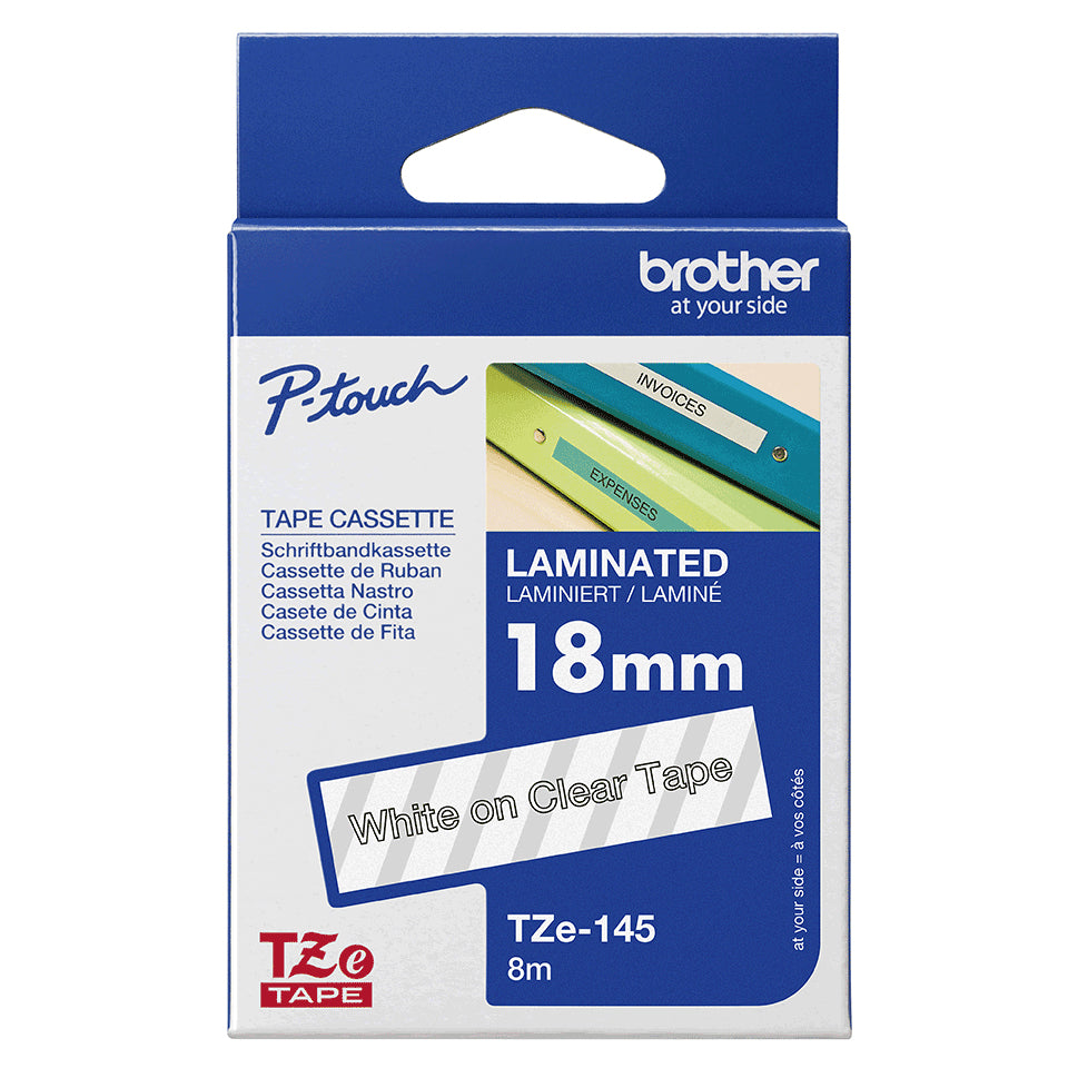 Cinta Brother TZE145 Blanco sobre Transparente, 18mm x 8m