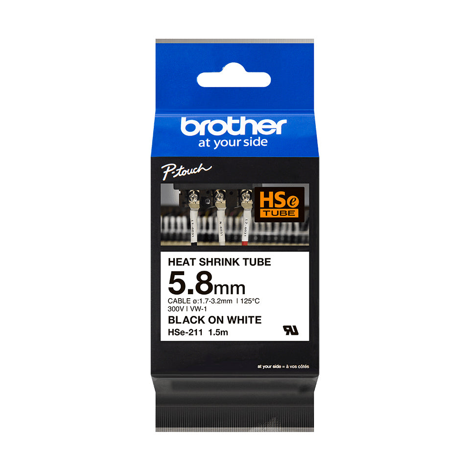 Cinta Brother HSE211 Termoretractil Negro sobre Blanco, 5.8mm x 1.5m