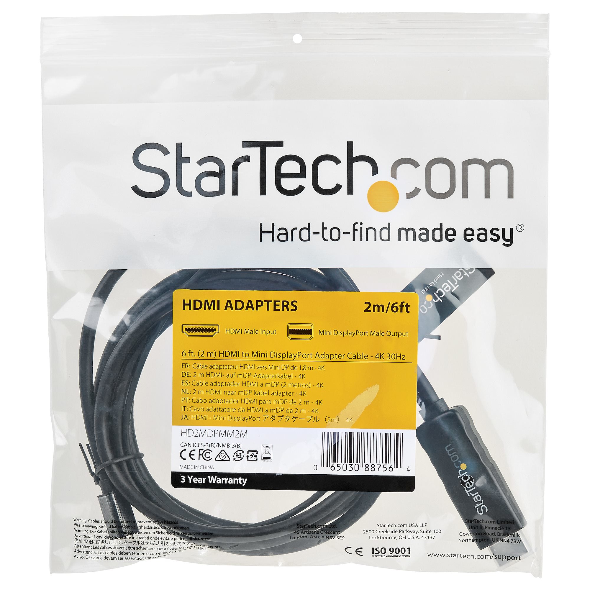 StarTech.com Cable HDMI 1.4 Macho - Mini DisplayPort Macho, 4K, 30Hz, 2 Metros, Negro