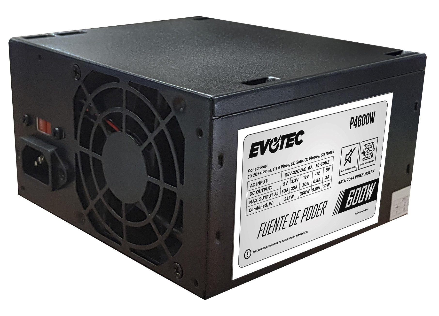 Fuente de Poder Evotec P4600W, 24-pin ATX, 80mm, 600W