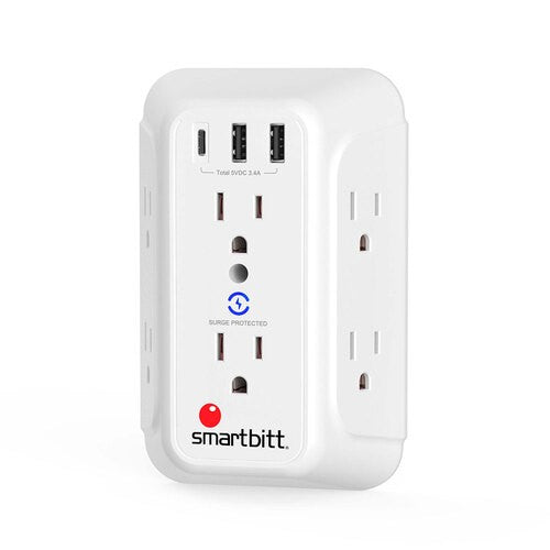 Smartbitt Supresor de Picos SBSS-BW6-3U, 6 Salidas, 3 Puertos USB, 1.480 Joules