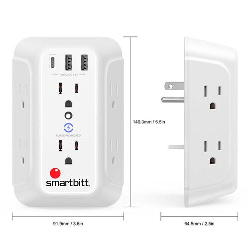Smartbitt Supresor de Picos SBSS-BW6-3U, 6 Salidas, 3 Puertos USB, 1.480 Joules