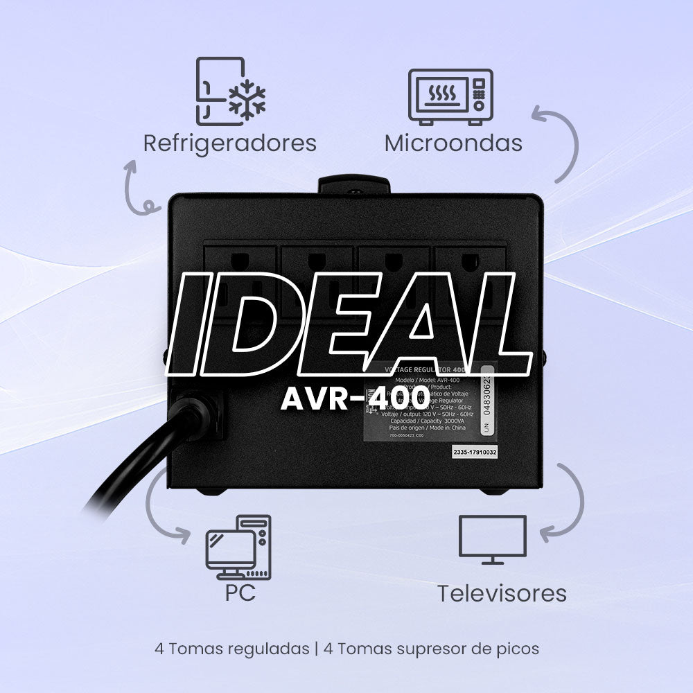 Regulador Vorago AVR-400, 1800W, 3000VA, Entrada 120V, 4 Contactos