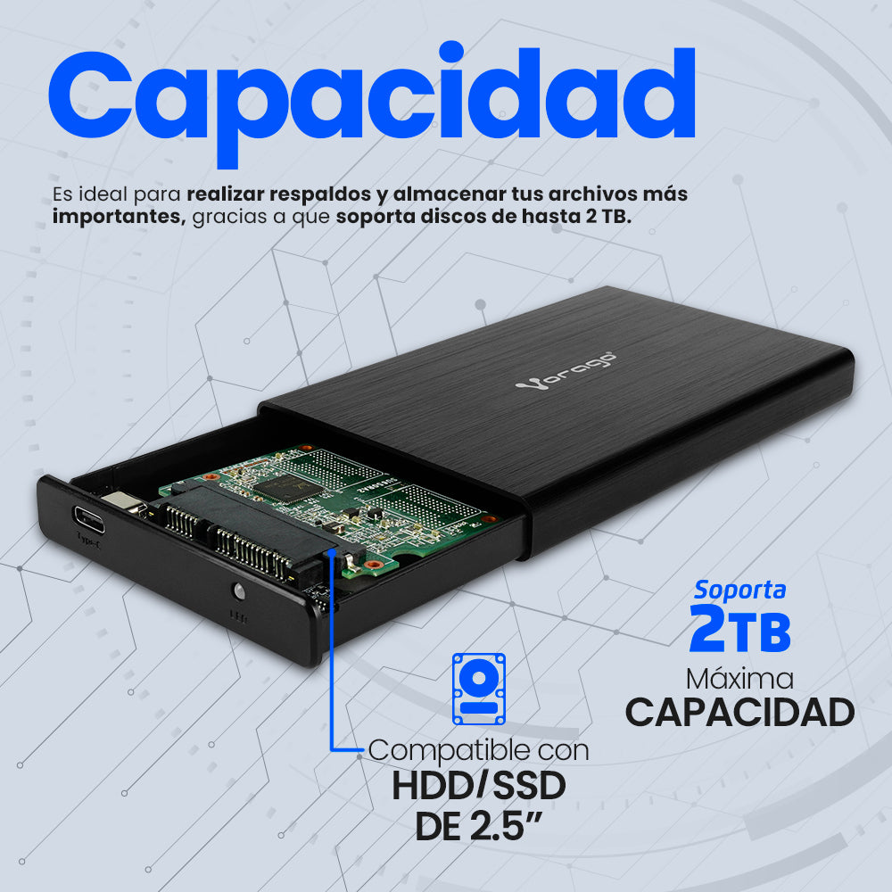 ?Vorago Gabinete de Disco Duro HDD-202 2.5', SATA, USB-C 3.1, Negro