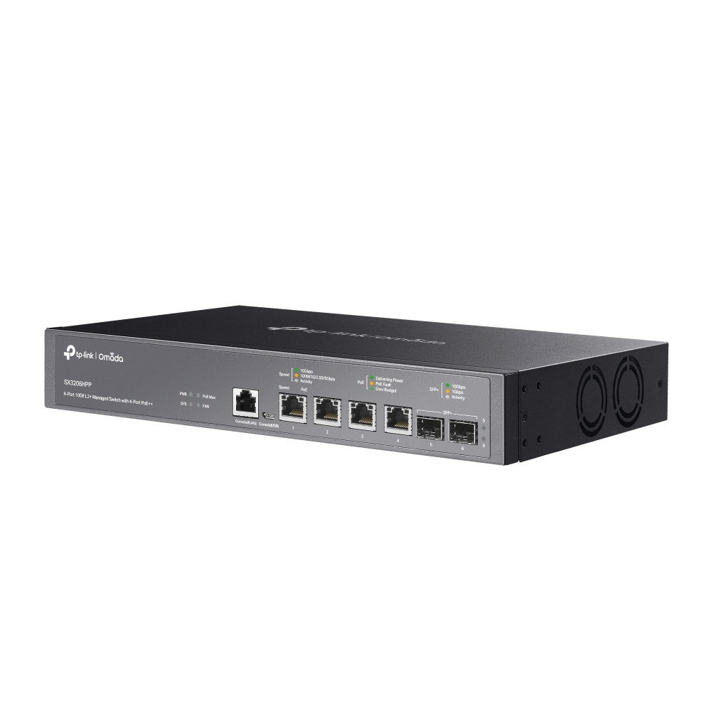 Switch TP-Link 10G Ethernet TL-SX3206HPP, 4 Puertos PoE+ 100/1000/10000Mbps + 2 Puertos SFP+, 200W, 120 Gbit/s, 32.000 Entradas, Administrable