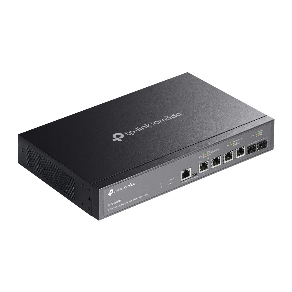 Switch TP-Link 10G Ethernet TL-SX3206HPP, 4 Puertos PoE+ 100/1000/10000Mbps + 2 Puertos SFP+, 200W, 120 Gbit/s, 32.000 Entradas, Administrable