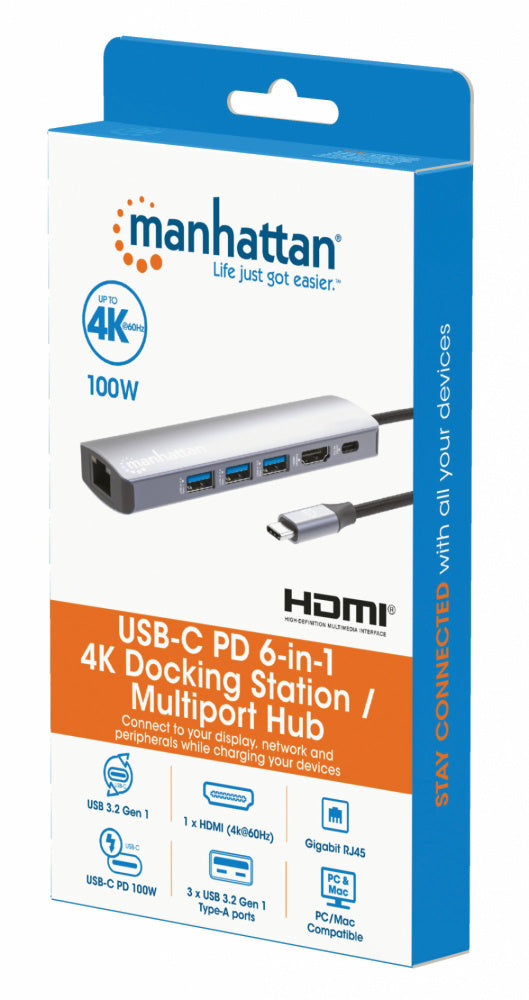 Manhattan Hub USB-C - HDMI, RJ-45, USB-A 3.0, USB-C, 5 Gbit/s