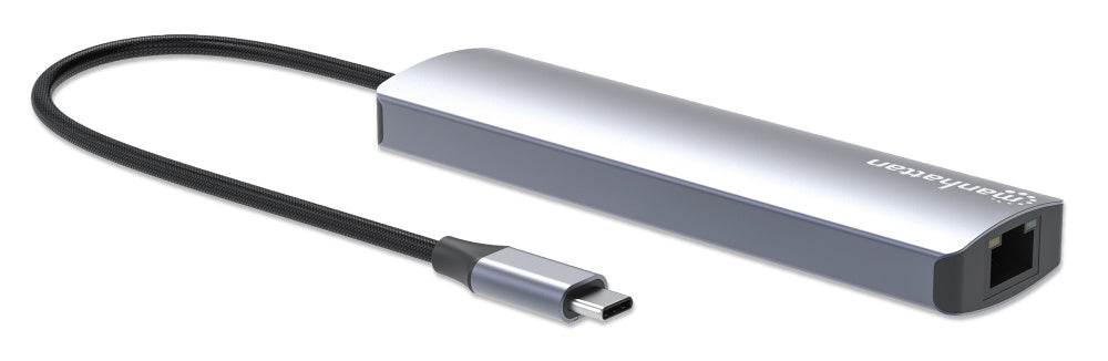Manhattan Hub USB-C Macho - 2x USB-A, 1x USB-C, 1x HDMI 1x RJ-45, 1x SD, 1x, Micro SD, Gris