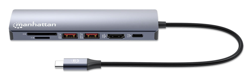 Manhattan Hub USB-C Macho - 2x USB-A, 1x USB-C, 1x HDMI 1x RJ-45, 1x SD, 1x, Micro SD, Gris