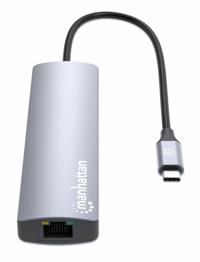 Manhattan Hub USB-C Macho - 2x USB-A, 1x USB-C, 1x HDMI 1x RJ-45, 1x SD, 1x, Micro SD, Gris