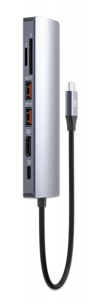 Manhattan Hub USB-C Macho - 2x USB-A, 1x USB-C, 1x HDMI 1x RJ-45, 1x SD, 1x, Micro SD, Gris