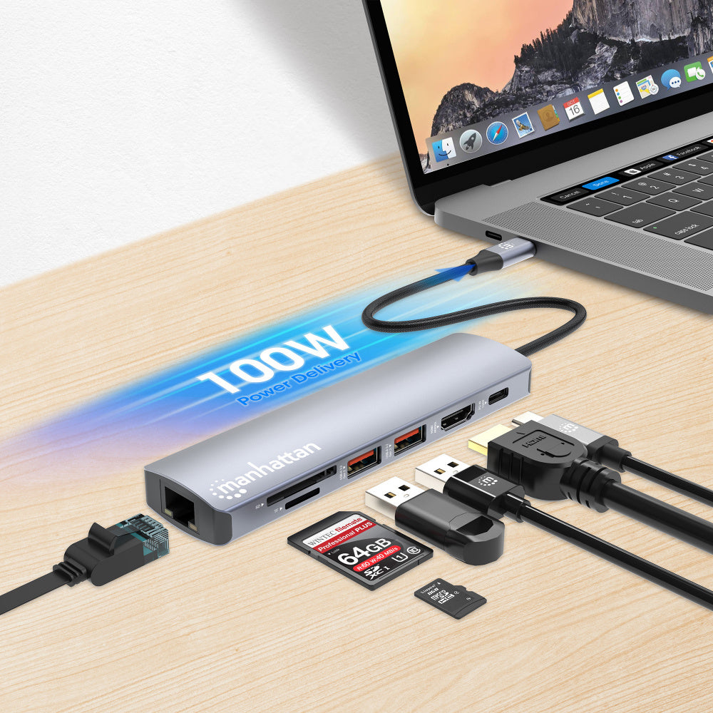 Manhattan Hub USB-C Macho - 2x USB-A, 1x USB-C, 1x HDMI 1x RJ-45, 1x SD, 1x, Micro SD, Gris