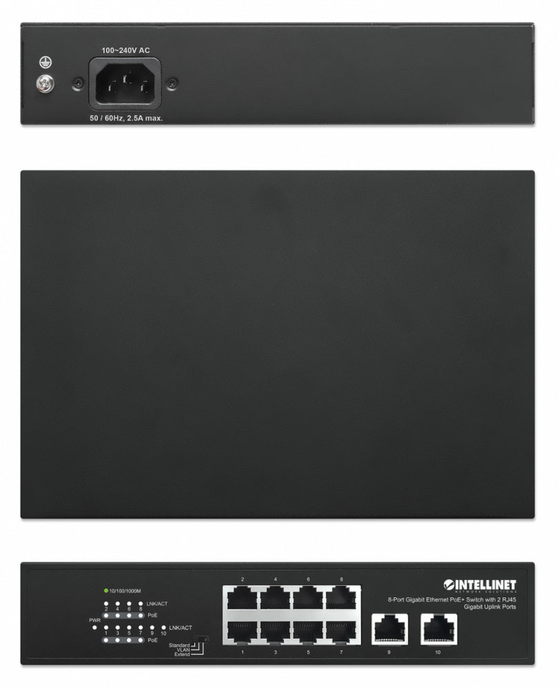 Switch Intellinet Gigabit Ethernet 561402, 8 Puertos PoE + 10/100/1000 + 2 Puertos Uplink, 120W, 2 Gbit/s, 8192 Entradas - No Administrable