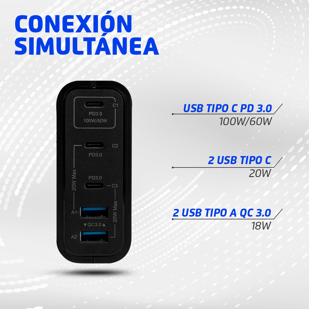 Vorago Cargador de Pared, 100W, 3x USB-C, 2x USB-A, Negro