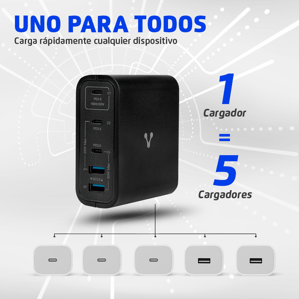 Vorago Cargador de Pared, 100W, 3x USB-C, 2x USB-A, Negro