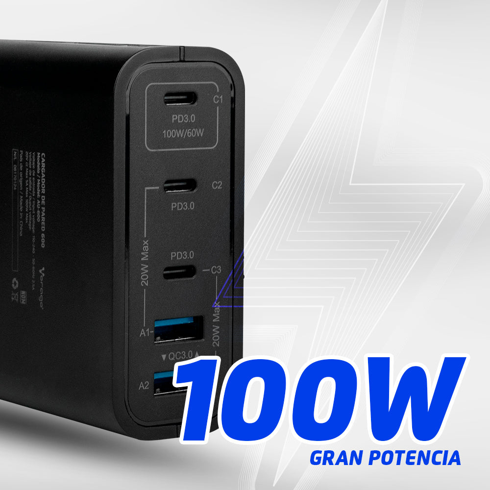 Vorago Cargador de Pared, 100W, 3x USB-C, 2x USB-A, Negro