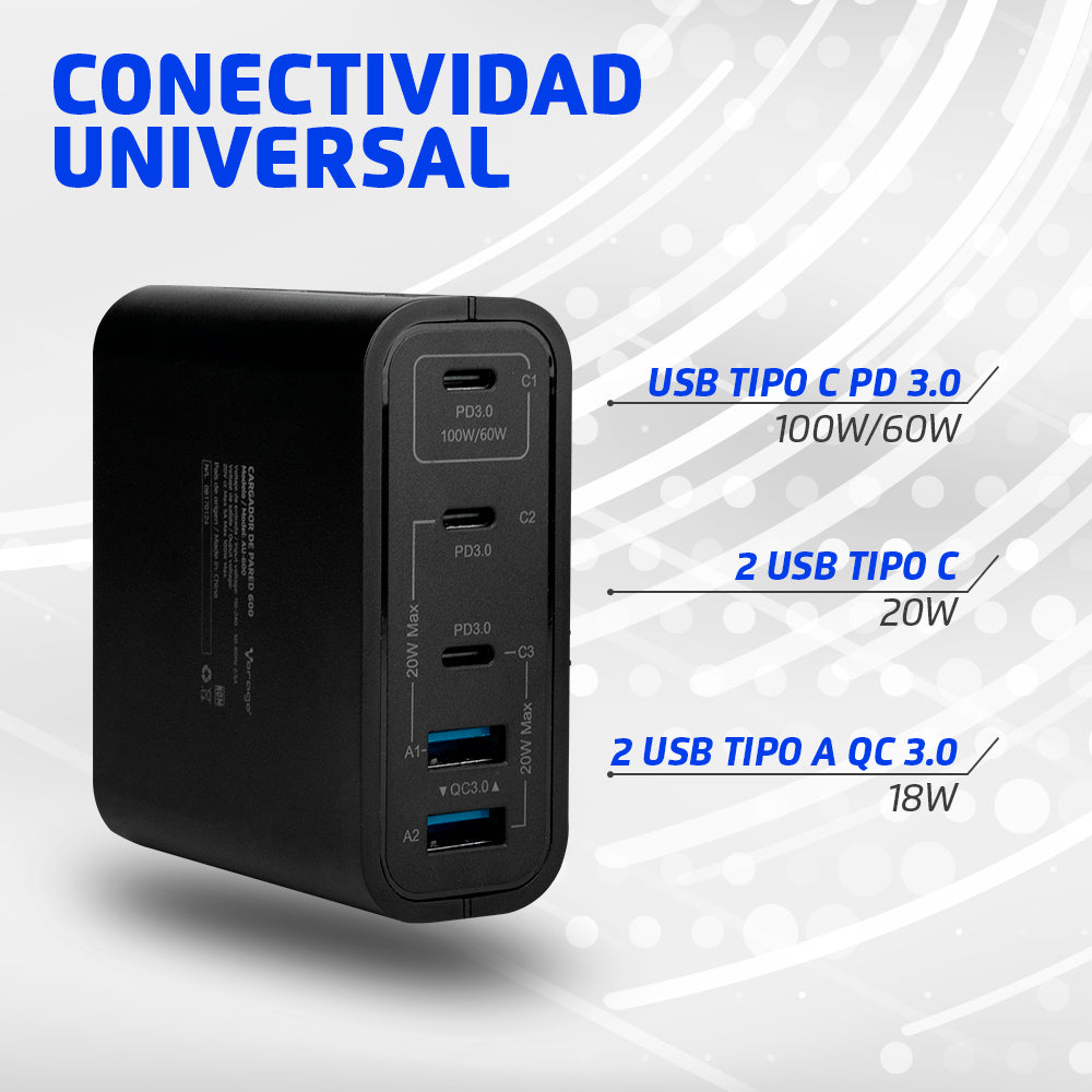 Vorago Cargador de Pared, 100W, 3x USB-C, 2x USB-A, Negro