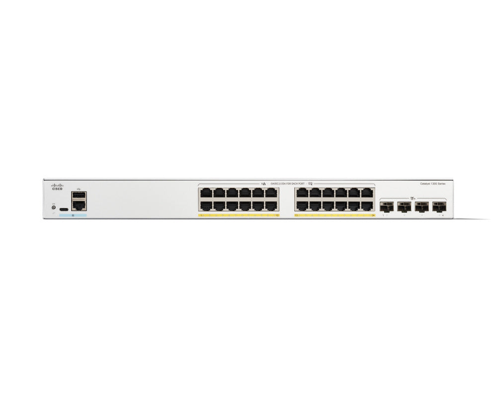 Switch Cisco Gigabit Ethernet Catalyst 1300, 24 Puertos PoE 10/100/1000Mbps + 4 Puertos SFP+, 195W, 128 Gbit/s, 16000 Entradas - Administrable