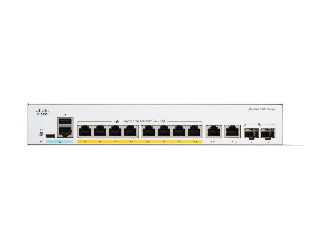 Switch Cisco Gigabit Ethernet Catalyst 1200, 8 Puertos PoE+ 10/100/1000Mbps + 2 Puertos SFP, 67W, 20 Gbit/s, 8000 Entradas - Administrable
