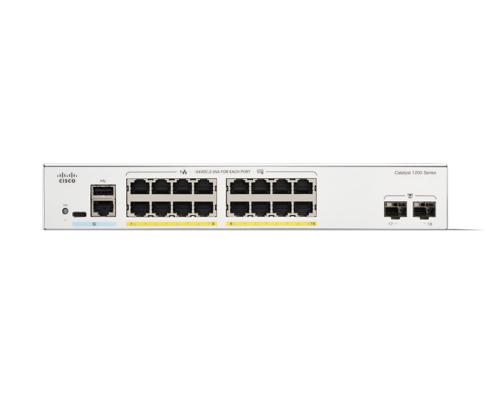 Switch Cisco Gigabit Ethernet Catalyst 1200, 16 Puertos PoE+ 10/100/1000Mbps + 2 Puertos SFP, 36 Gbit/s, 8000 Entradas - Administrable