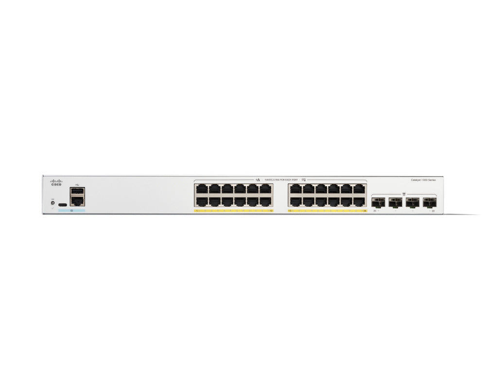 Switch Cisco Gigabit Ethernet Catalyst 1300, 24 Puertos PoE+ 10/100/1000Mbps + 4 Puertos SFP, 370W, 56 Gbit/s, 16000 Entradas - Administrable