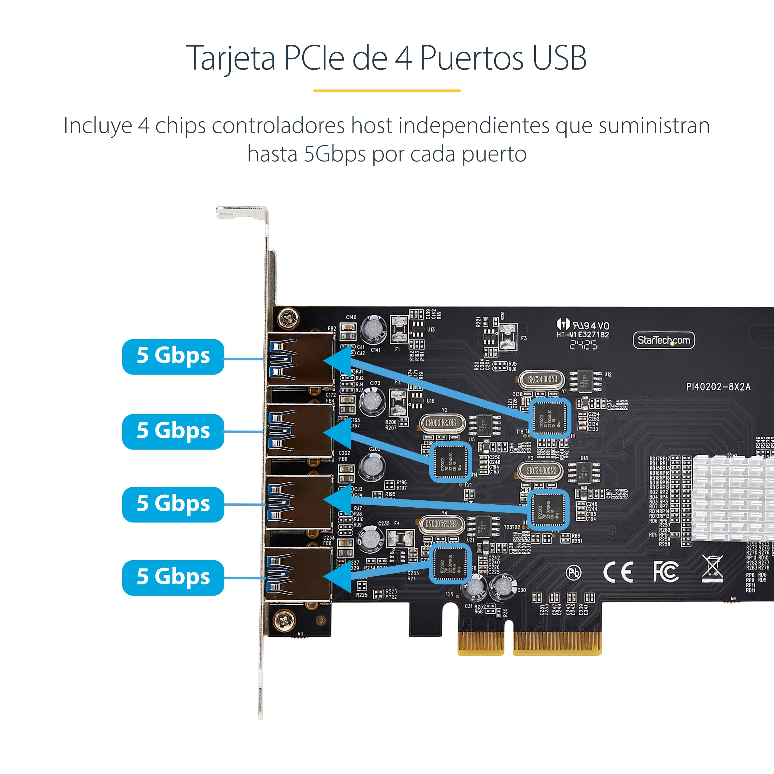 StarTech.com Tarjeta PCI Express de 4 Puertos USB 3.0, SATA, 5 Gbit/s