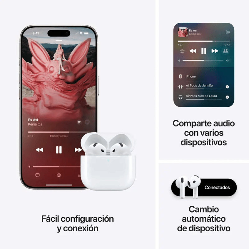 Apple AirPods ( 4ta. Generación ), Inalámbrico, Bluetooth, USB-C, Blanco - Incluye Estuche de Carga Inalámbrico y Alámbrico