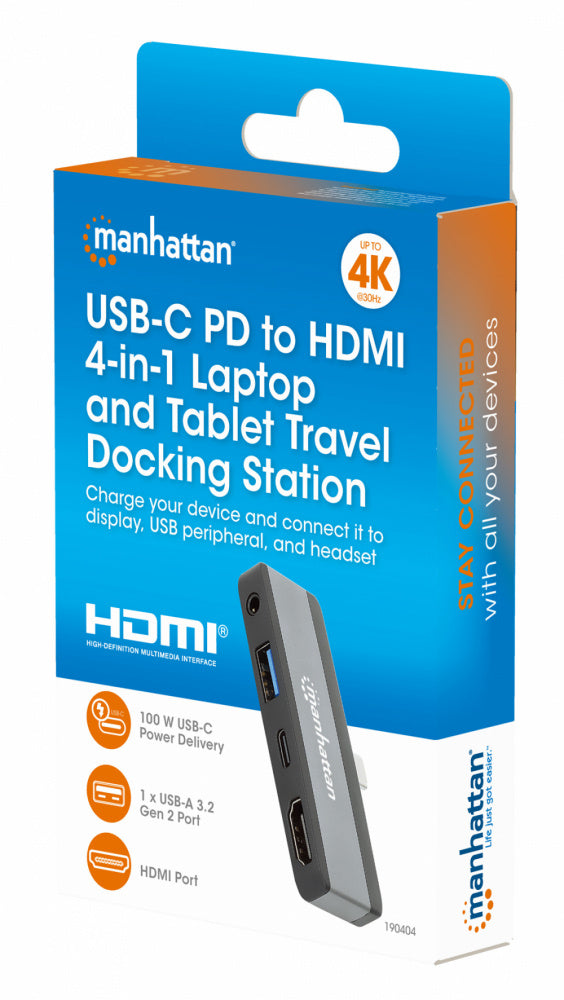 Manhattan Docking Station 190404 USB C, 1x USB, 1x USB C PD, 1x HDMI, 1x 3.5mm, Gris