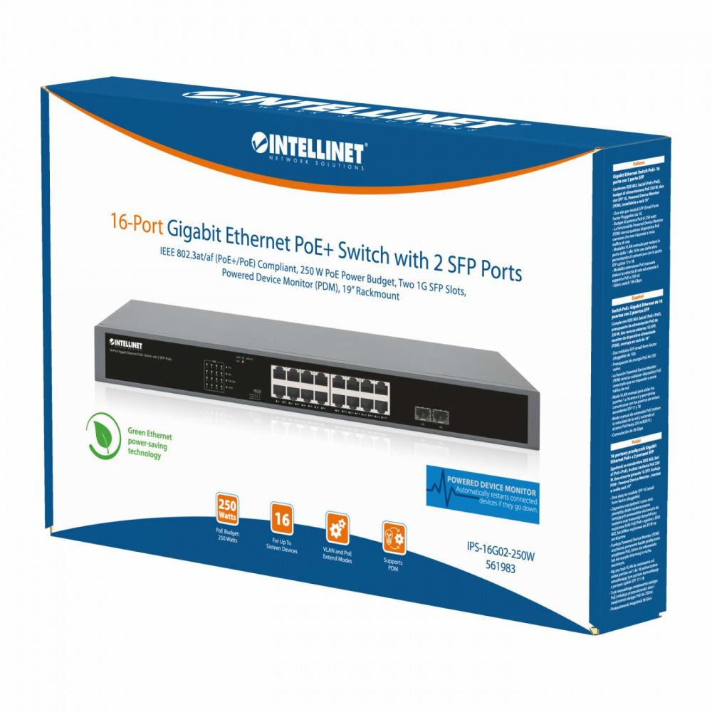 Switch PoE+ con 16 puertos Gigabit Ethernet y 2 puertos SFP - Intellinet Switch PoE