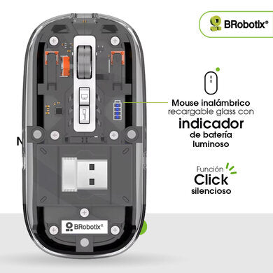 BROBOTIX MOUSE INALÁMBRICO RECARGABLE, MODELO GLASS, CONEXIONES: BLUETOOTH 5.3 + BLUETOOTH 5.3 y