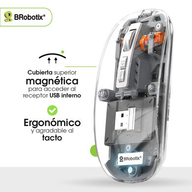 BROBOTIX MOUSE INALÁMBRICO RECARGABLE, MODELO GLASS, CONEXIONES: BLUETOOTH 5.3 + BLUETOOTH 5.3 y