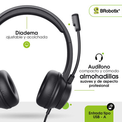 BRobotix Audífonos con Micrófono 406054, Alámbrico, USB, Negro