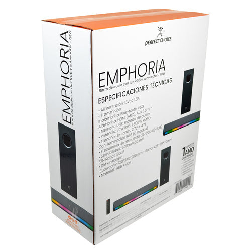 Perfect Choice Emphoria 2.1 Bluetooth Barra de Sonido - 70W RMS - Negro - De Escritorio - 45Hz a