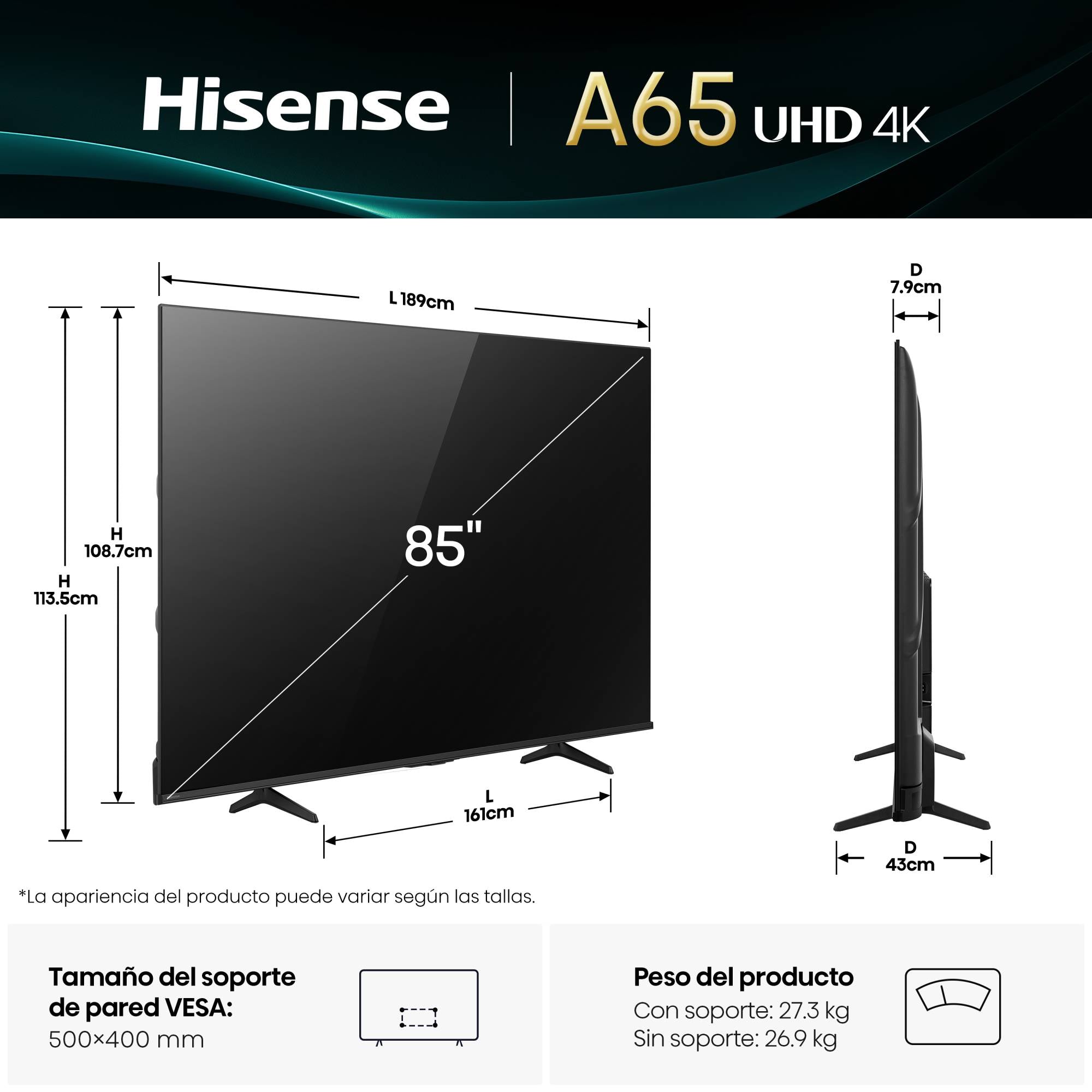 HISENSE PANTALLA LED 4K 85 PULGADAS SMART TV VIDAA