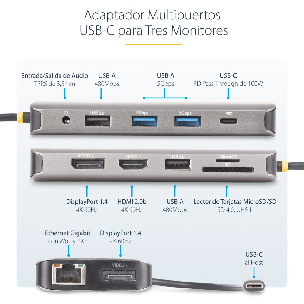 ADAPTADOR MULTIPUERTO USB-C DE 3 MONITORES HDMI/DP
