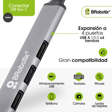 BROBOTIX HUB USB 3.0 CON 4 PUER TOS USB-A CONECTOR TIPO C PLUG AN