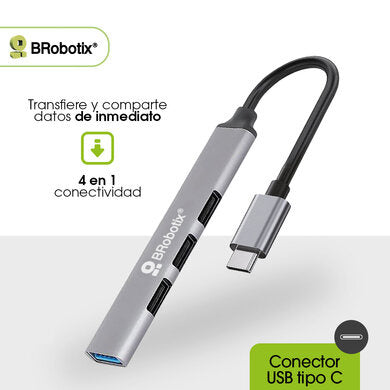 BROBOTIX HUB USB 3.0 CON 4 PUER TOS USB-A CONECTOR TIPO C PLUG AN
