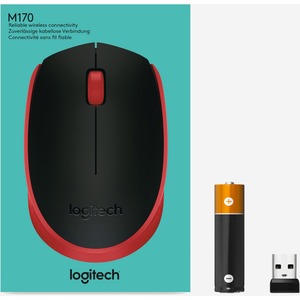 Mouse Ergonómico Logitech Óptico M170, Inalámbrico, USB, 1000DPI, Negro/Rojo