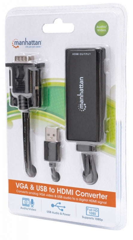 Manhattan Adaptador VGA (D-Sub)/USB - HDMI, 1920 x 1200 Pixeles, Negro