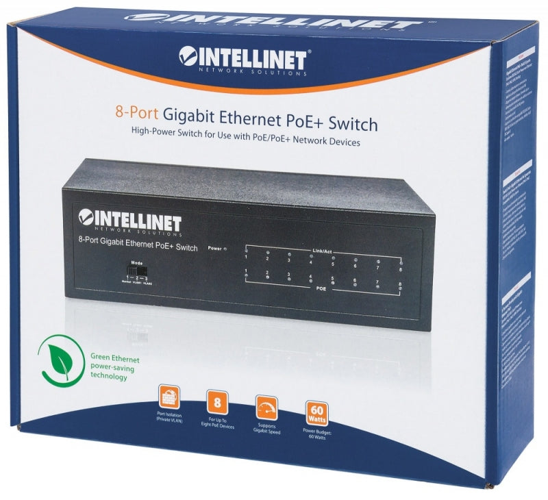 Switch Intellinet Gigabit Ethernet 561204, 8 Puertos PoE+ 10/100/1000Mbps, 16 Gbit/s, 4096 Entradas - No Administrable