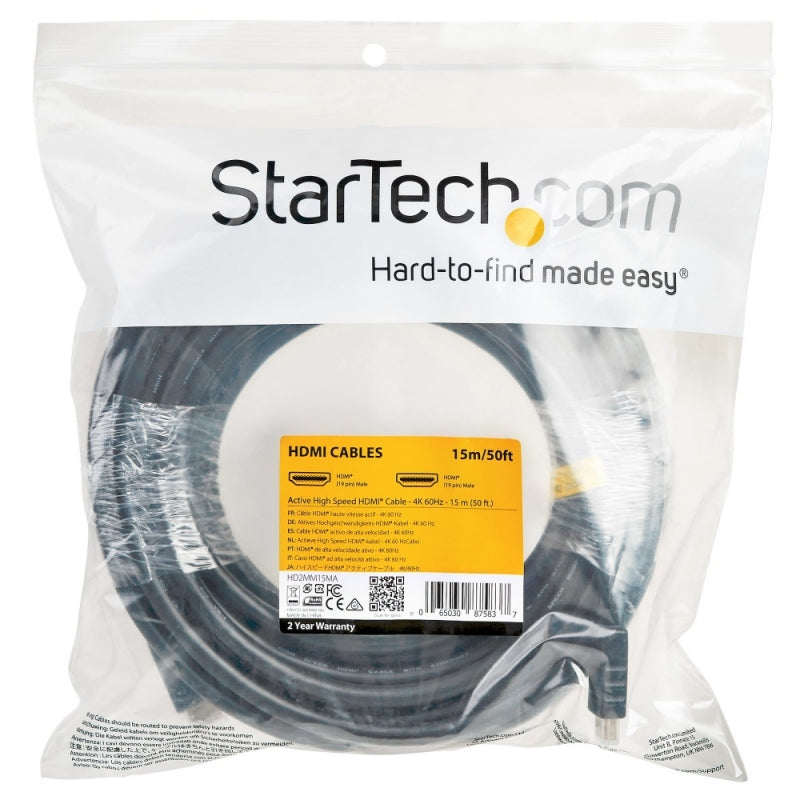 StarTech.com Cable HDMI 2.0 Macho - HDMI 2.0 Macho, 4K, 60Hz, 15 Metros, Negro