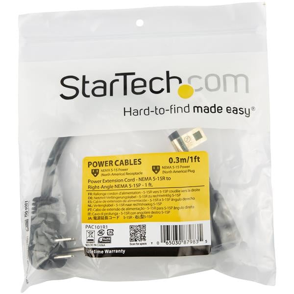 StarTech.com Cable de Poder Acodado NEMA 5-15P Macho - NEMA 5-15R Acoplador Hembra, 30cm, Negro