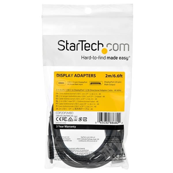 StarTech.com Cable DisplayPort 1.2 Macho - USB C Macho, 8K, 30Hz, 2 Metros, Negro