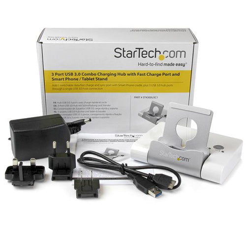 StarTech.com Concentrador USB 3.0 de 3 Puertos - Hub con Puerto de Carga Rápida (2.1A) y Base para