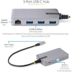 StarTech.com Hub USB C - 3x USB 3.0, x1 RJ-45, 5000 Mbit/s, Gris