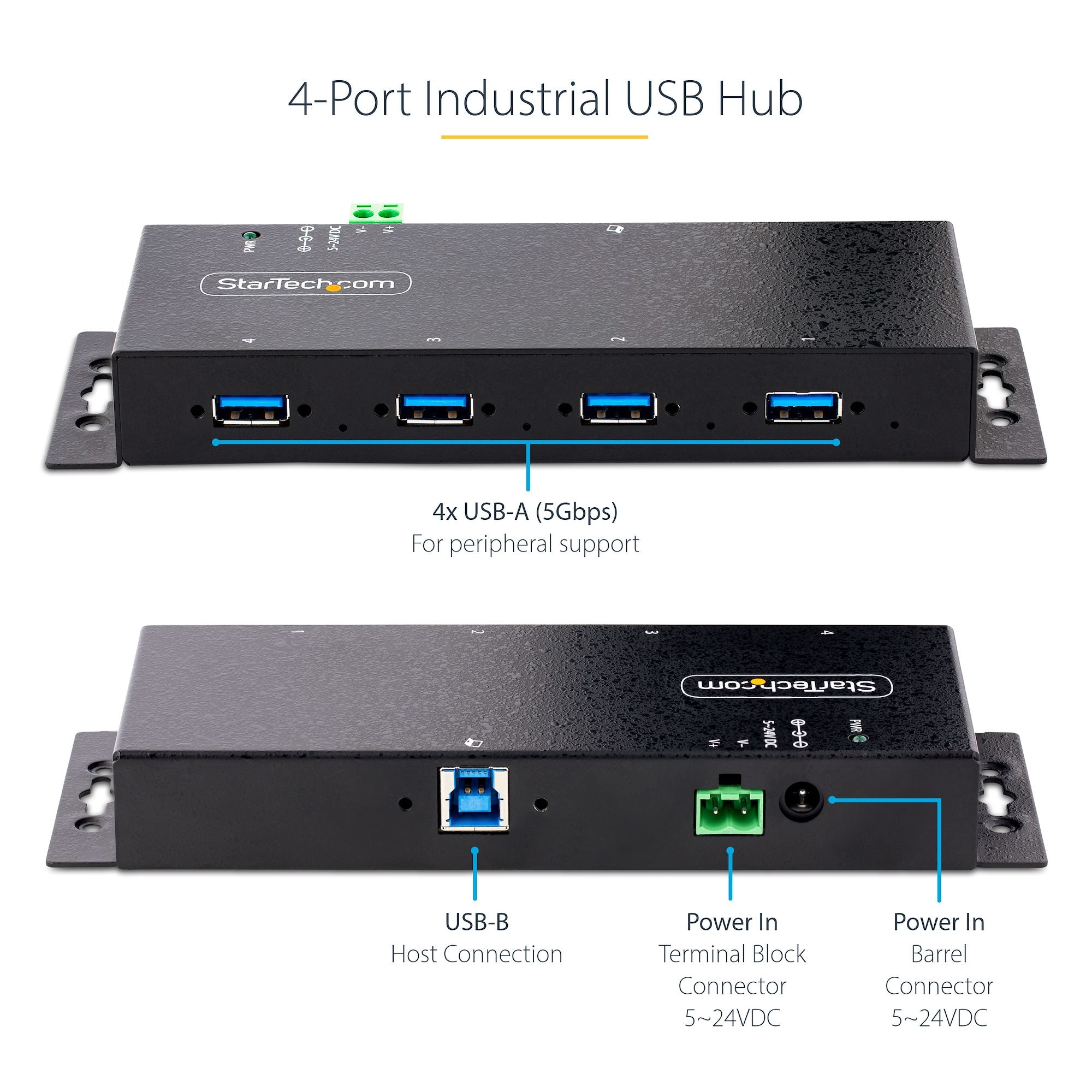 StarTech.com Hub Industrial, 5000 Mbit/s, USB 3.0 de 4 Puertos, Negro